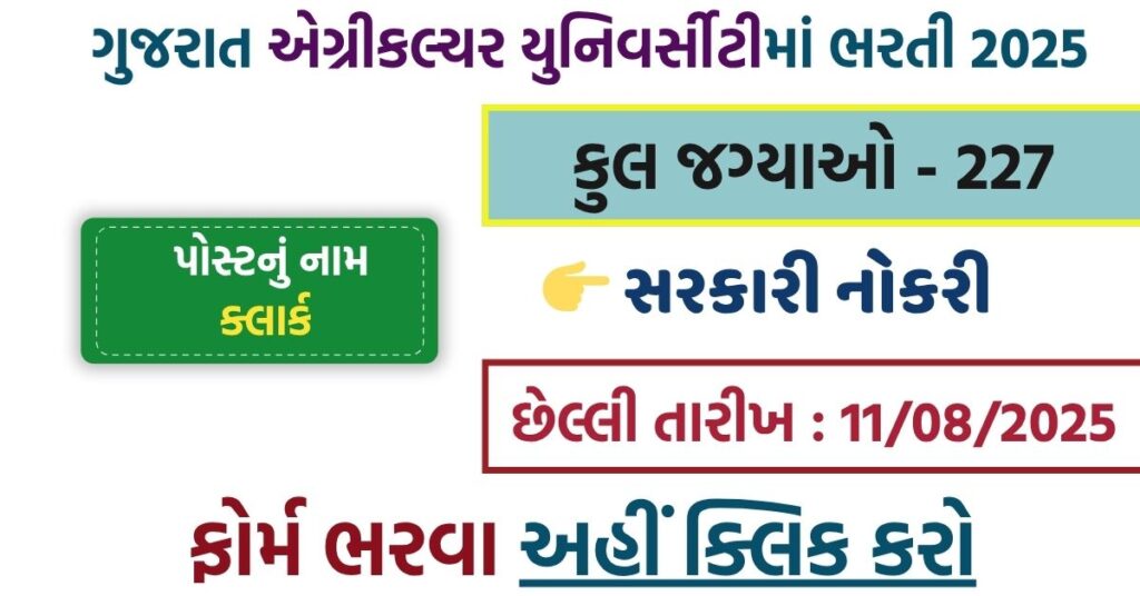 Gujarat Agricultural Universities Junior Clerk Recruitment 2025 – 227 Vacancies Announced | Apply Online