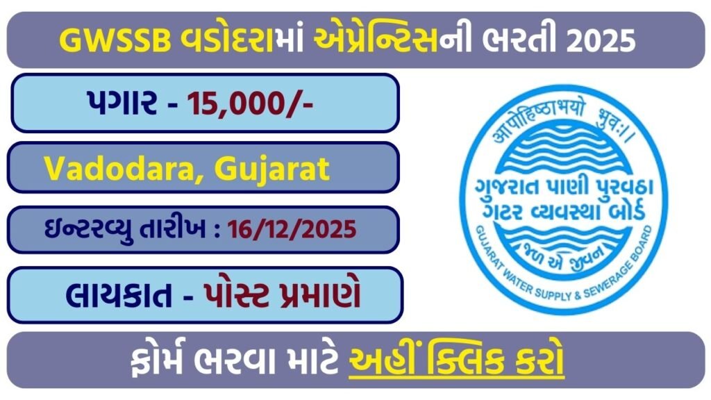 GWSSB Vadodara Apprentice Recruitment 2025: Walk-in Interview Announced for Mechanical & General Graduates