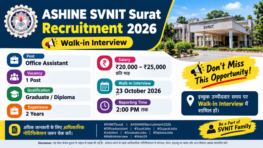 ASHINE SVNIT Surat Recruitment 2026: Office Assistant Vacancy, Salary ₹25,000