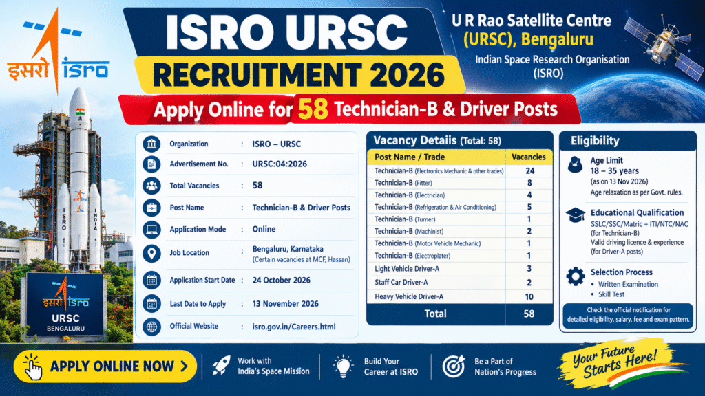 ISRO URSC Recruitment 2026: Apply Online for 58 Technician-B and Driver Posts