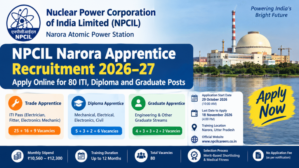 NPCIL Narora Apprentice Recruitment 2026: Apply Online for 80 ITI, Diploma and Graduate Posts