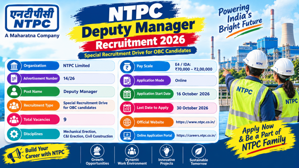 NTPC Deputy Manager Recruitment 2026: Apply Online for 9 OBC Vacancies