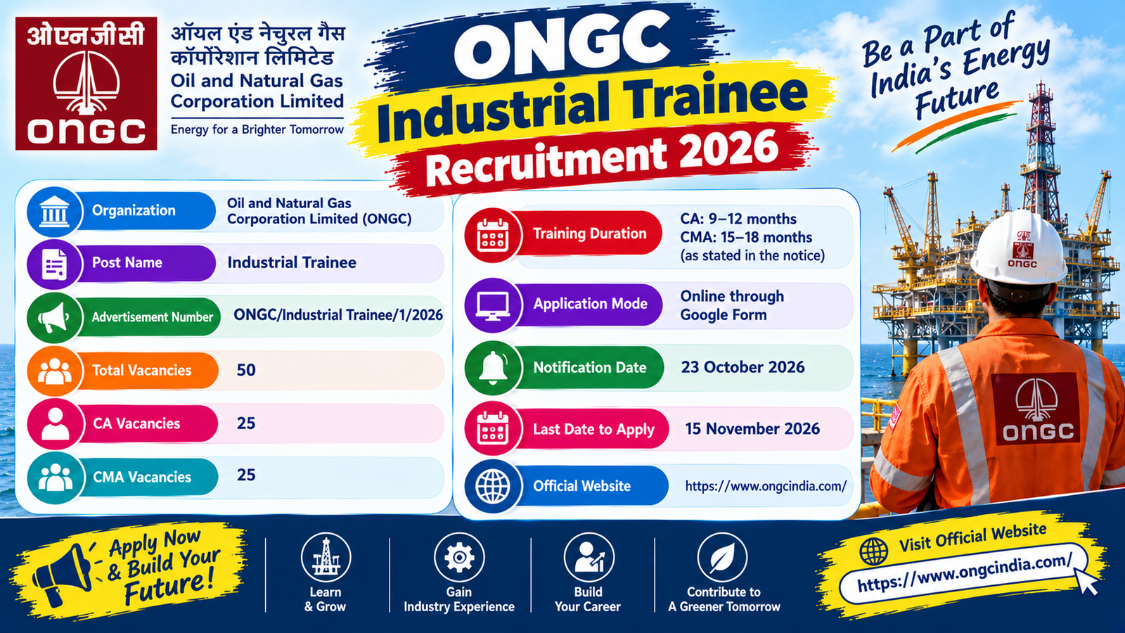 ONGC Industrial Trainee Recruitment 2026: 50 Vacancies for CA/CMA Students