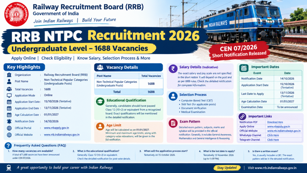 RRB NTPC Recruitment 2026: 1688 Vacancies, Eligibility, Salary and Apply Online